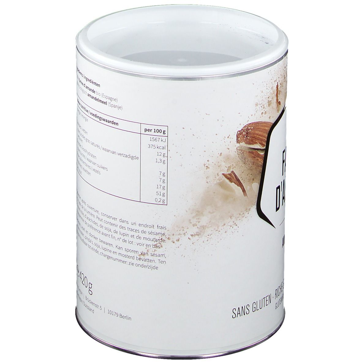 Dos de la boîte avec informations nutritionnelles et ingrédients. Poids : 420g. Adresse du fabricant.