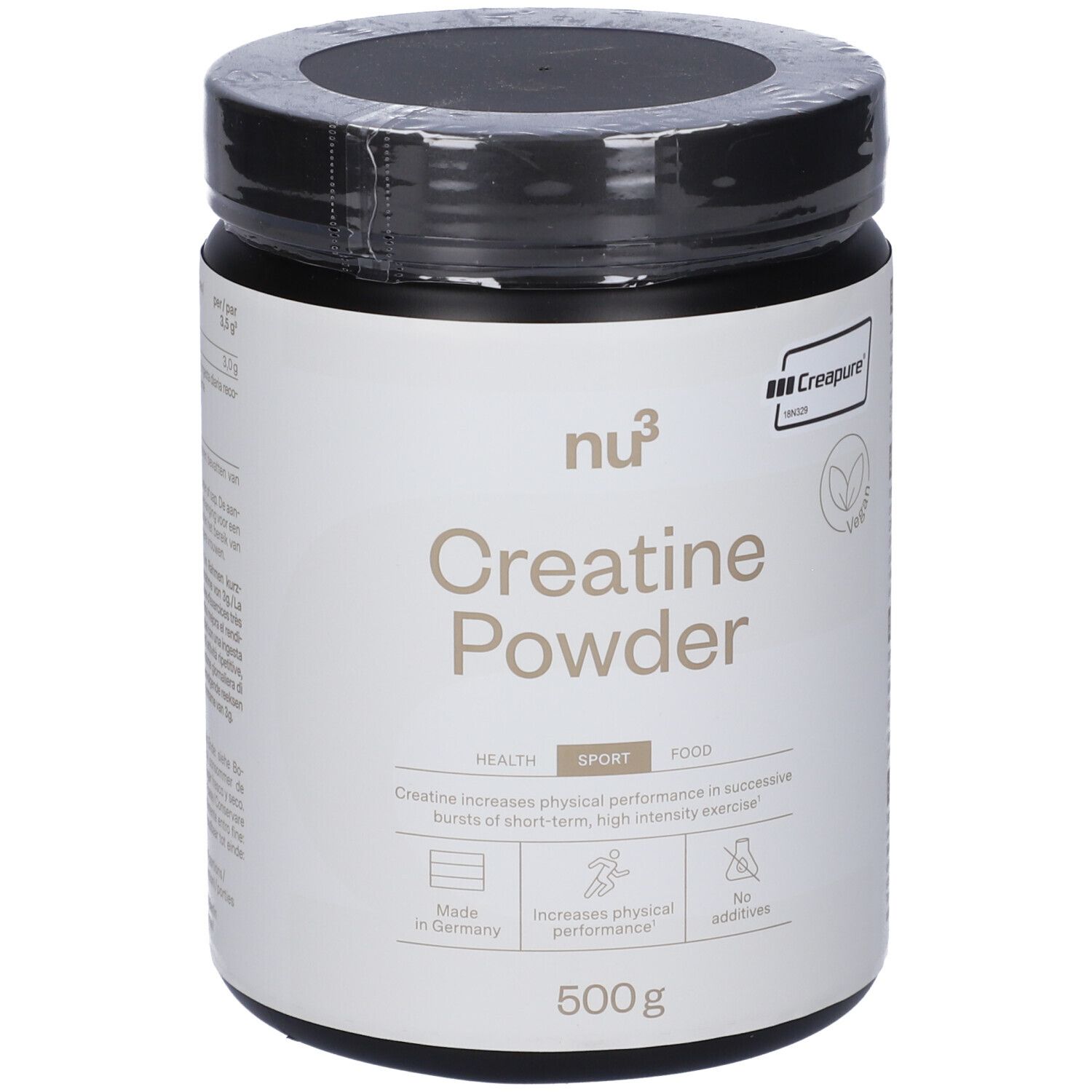 Schwarzes Creatine Powder-Behälter von nu3. Aufschrift: Creatine Powder, 500g. Mit Creapure-Siegel.
