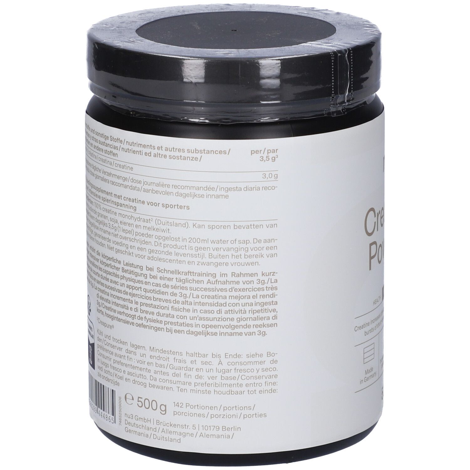 Rückseite des schwarzen Creatine Powder-Behälters von nu3. Text in mehreren Sprachen, 500g, Inhaltsstoffe.