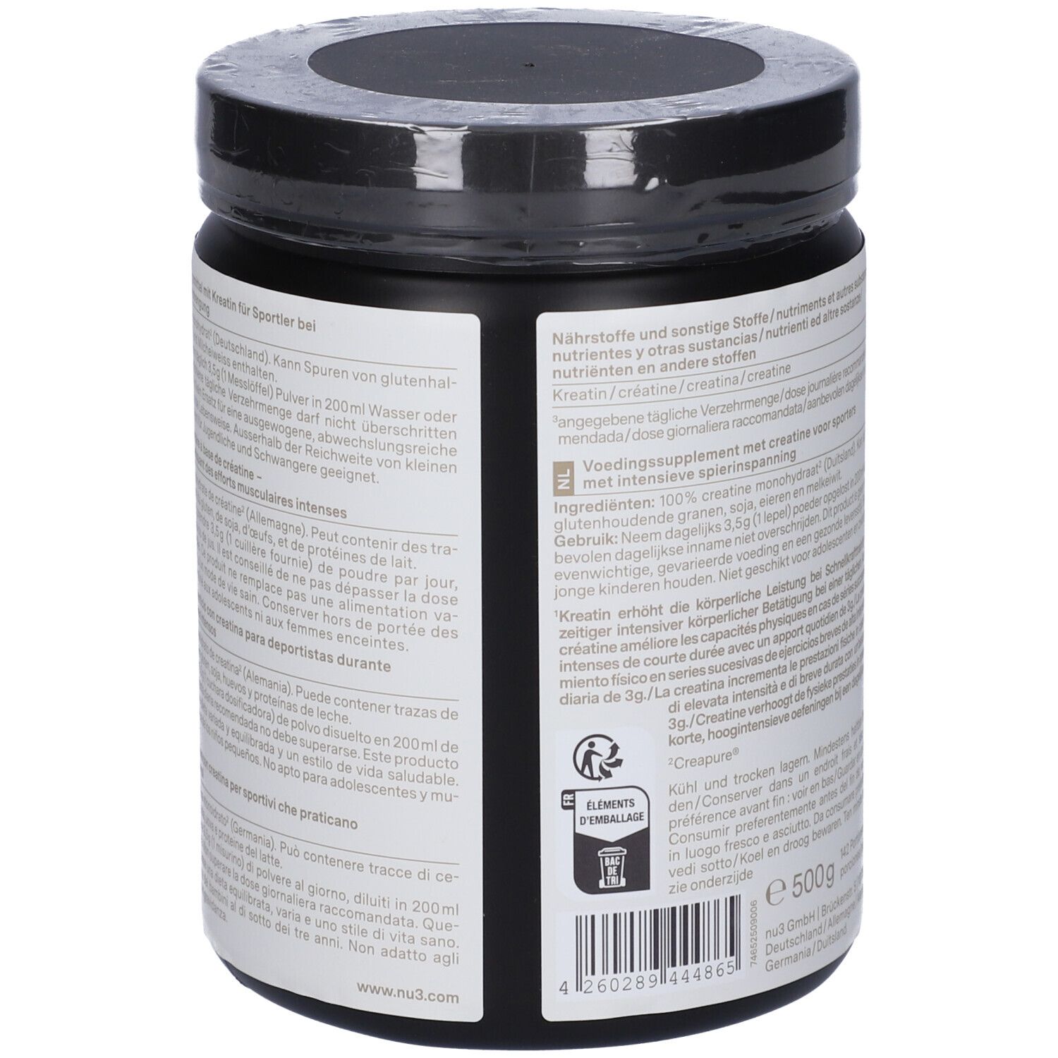 Rückseite des schwarzen Creatine Powder-Behälters von nu3. Text in mehreren Sprachen, 500g, Inhaltsstoffe.