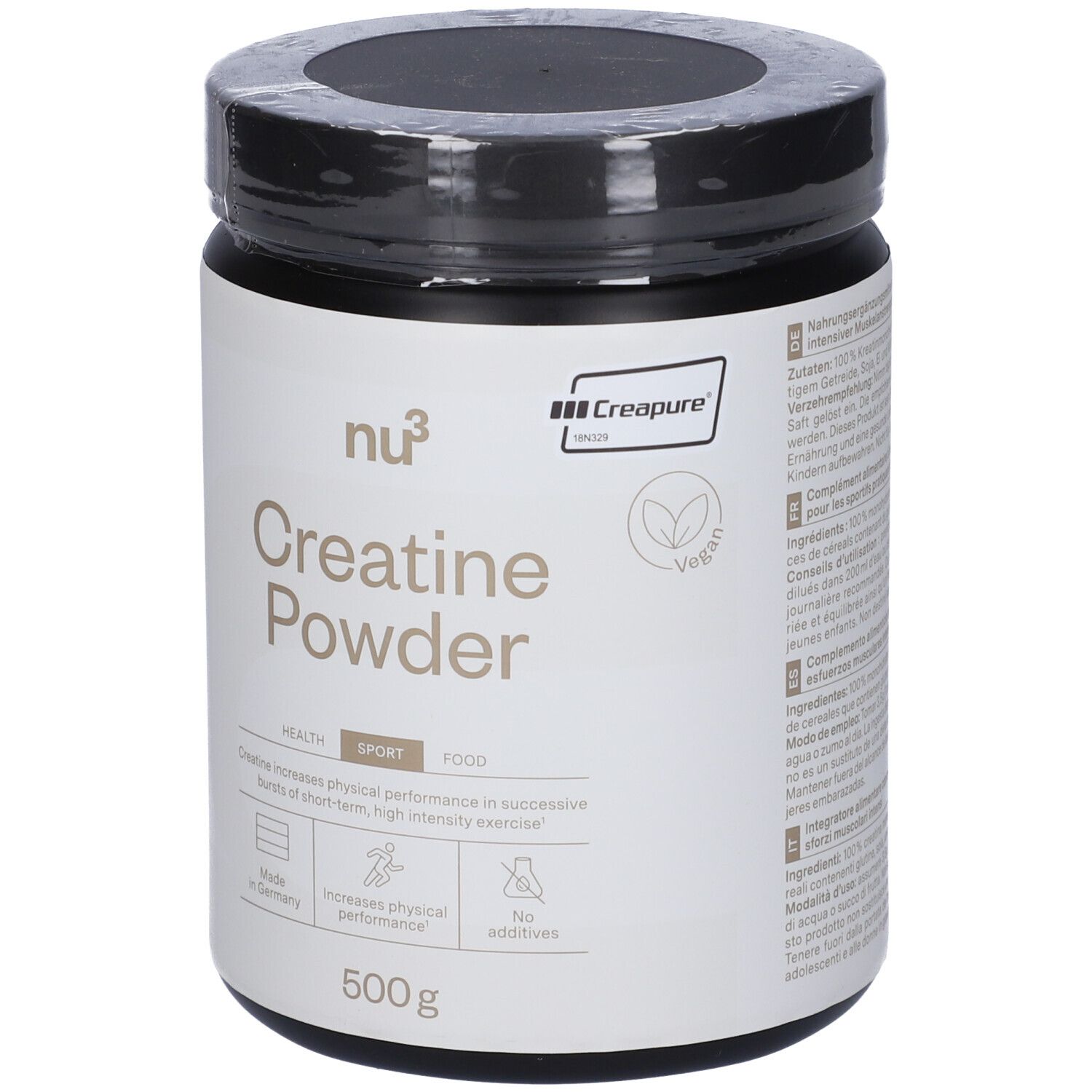 Schwarzes Creatine Powder-Behälter von nu3. Aufschrift: Creatine Powder, 500g. Mit Creapure-Siegel und Vegan-Logo.