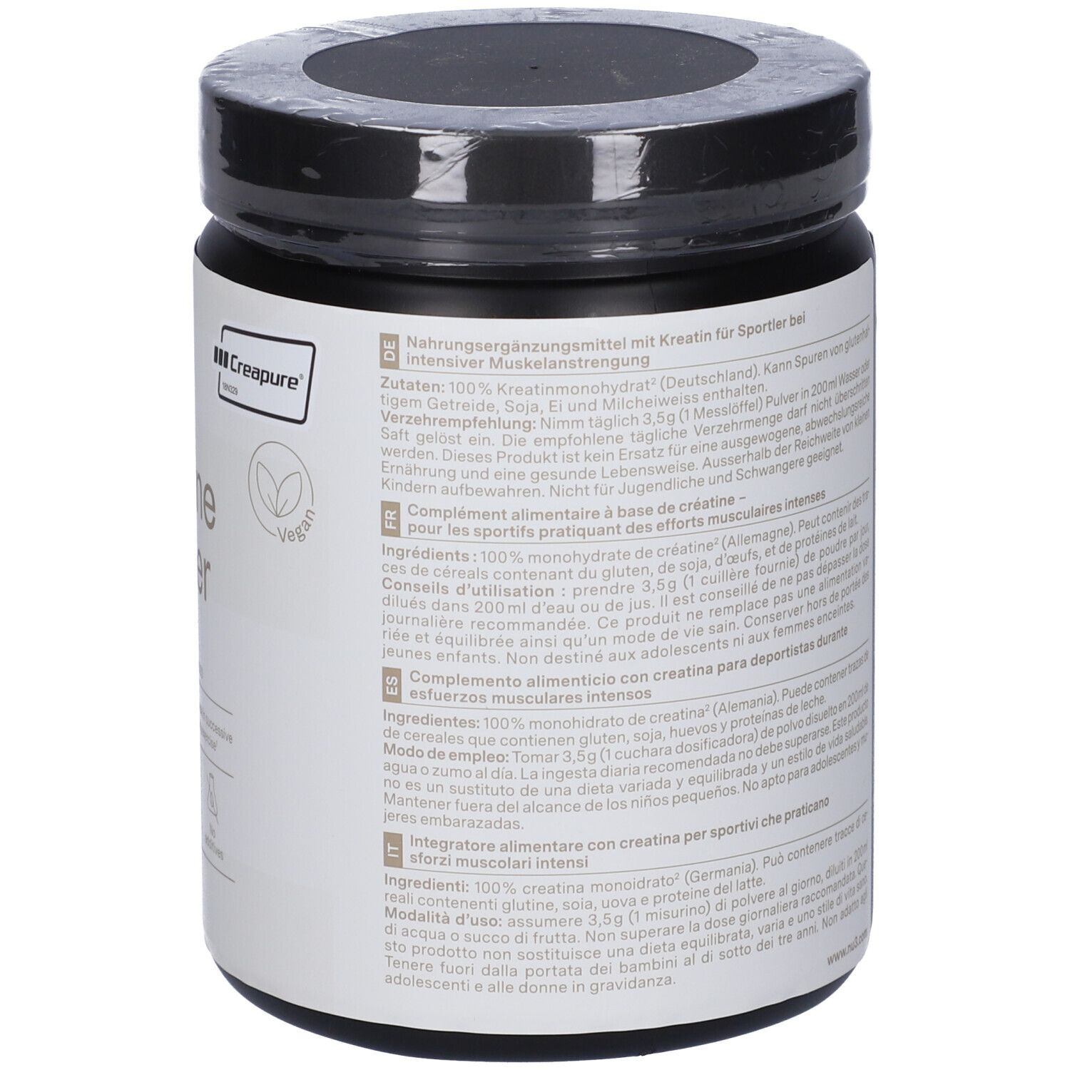Rückseite des schwarzen Creatine Powder-Behälters von nu3. Text in mehreren Sprachen, 500g, Inhaltsstoffe.