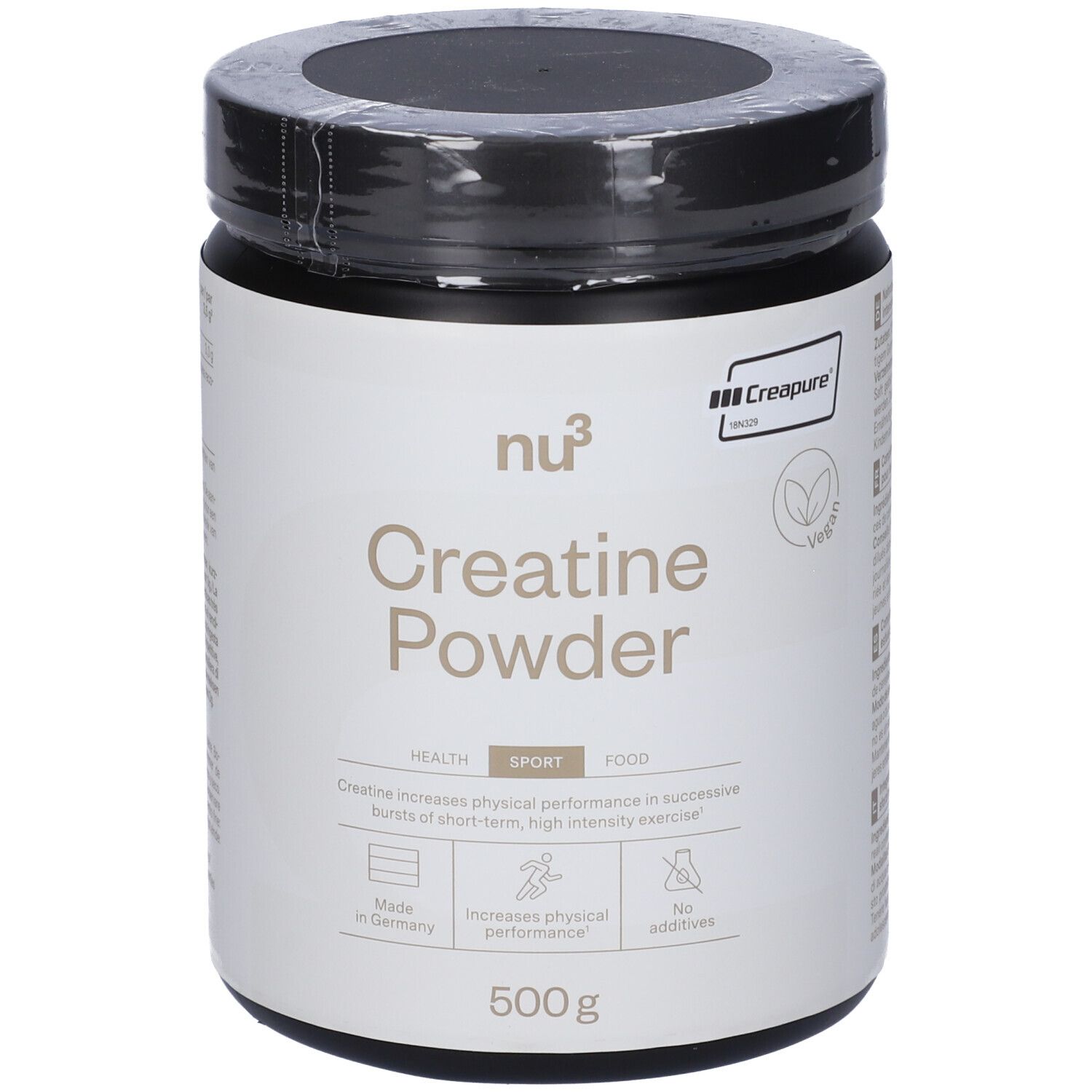 Schwarzes Creatine Powder-Behälter von nu3. Aufschrift: Creatine Powder, 500g. Mit Creapure-Siegel.