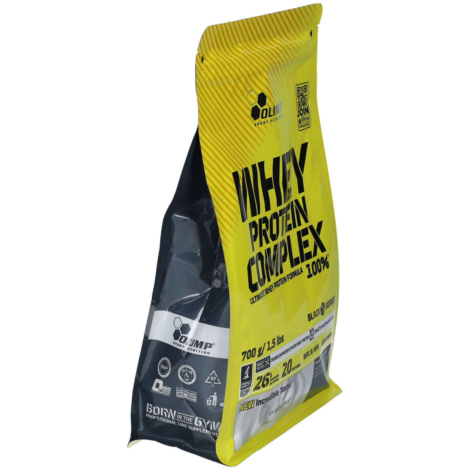 Gelbe Verpackung mit Aufschrift Whey Protein Complex. Marke: Olimp. Seitenansicht.
