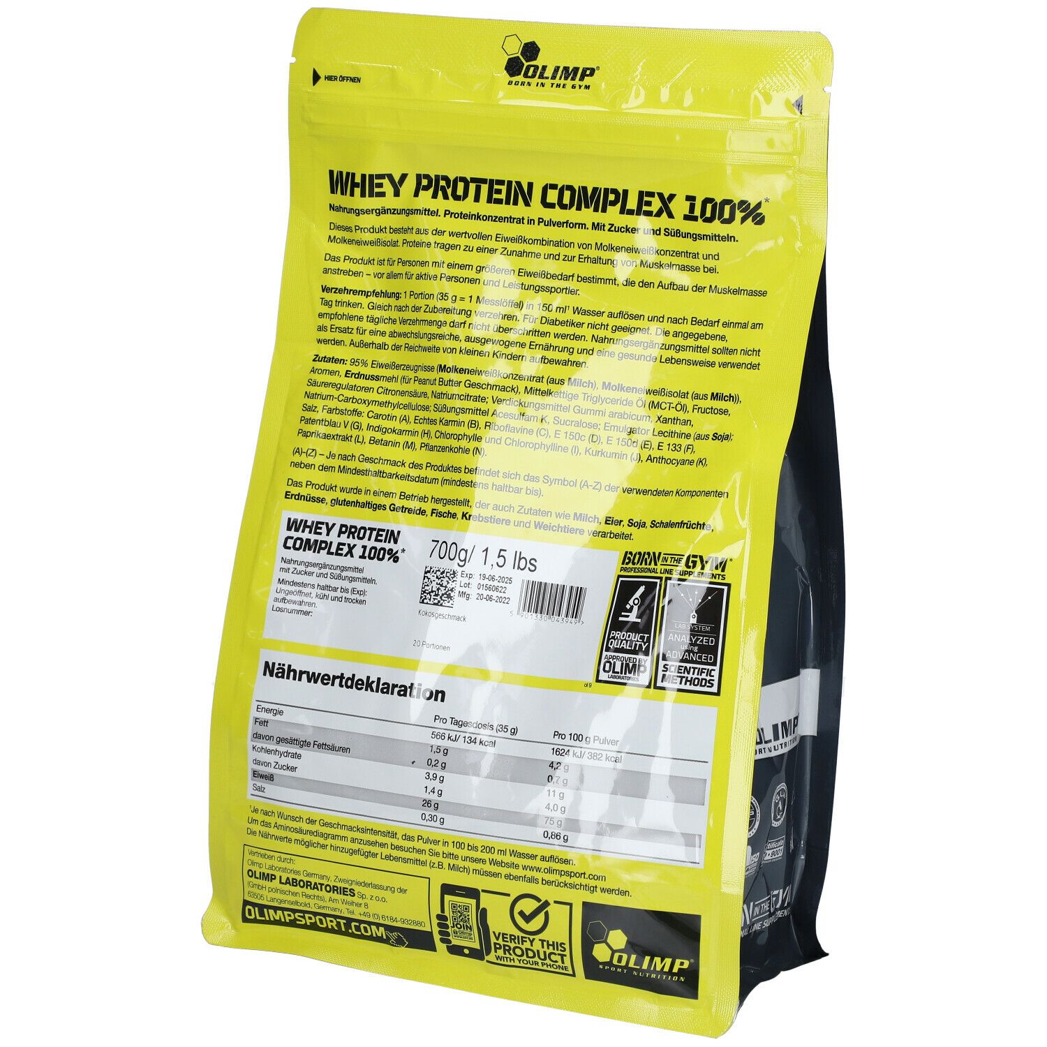 Rückseite der gelben Verpackung mit Aufschrift Whey Protein Complex. Enthält Nährwertangaben. Marke: Olimp.
