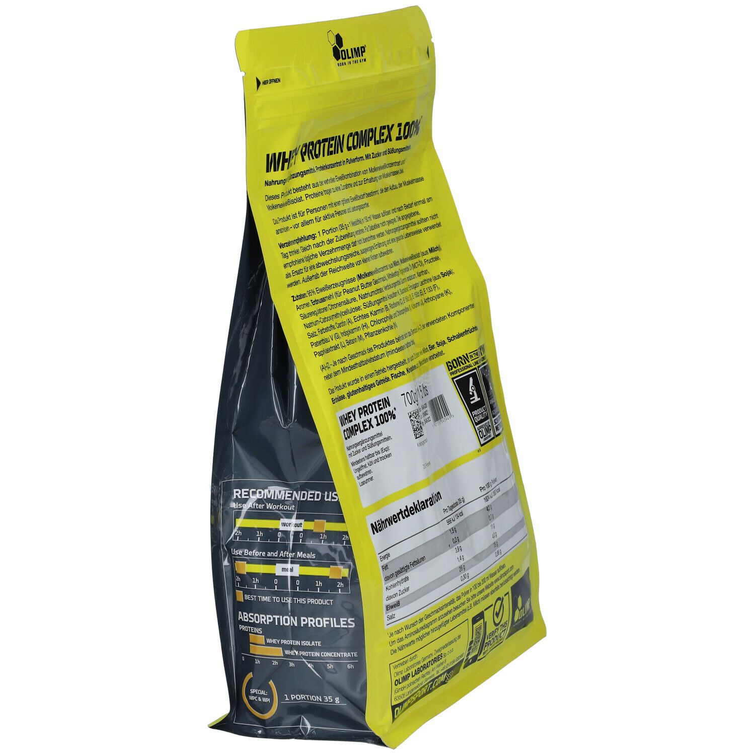 Rückseite der gelben Verpackung mit Aufschrift Whey Protein Complex. Enthält Nährwertangaben. Marke: Olimp.