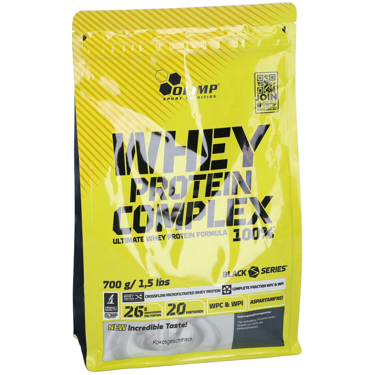 Gelbe Verpackung mit Aufschrift Whey Protein Complex. Enthält 700g/1,5 lbs. Marke: Olimp.