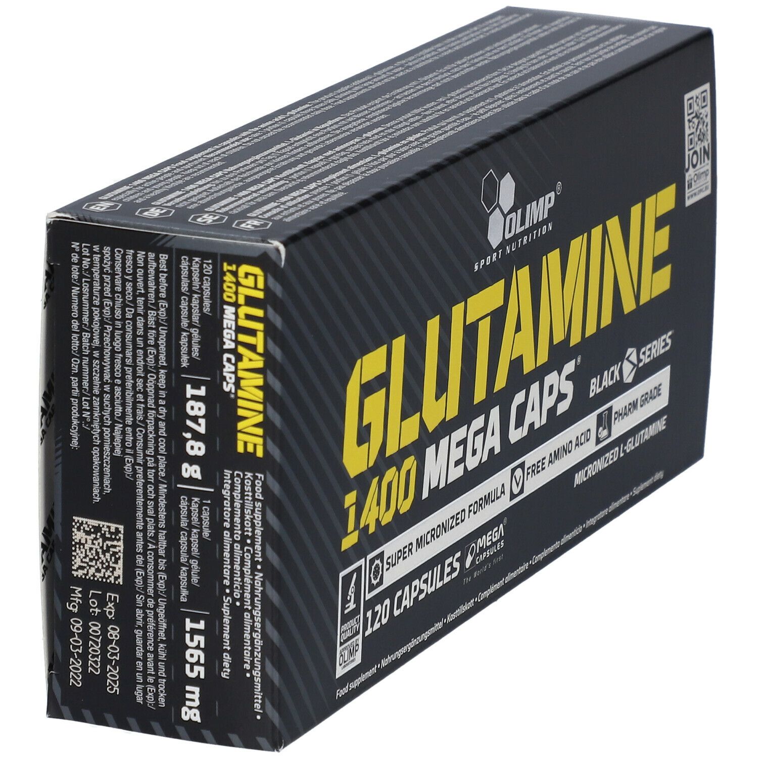 Schwarze Schachtel mit gelbem Text. Aufschrift: GLUTAMINE 1400 MEGA CAPS, 120 Kapseln. Marke: OLIMP. Enthält Informationen.