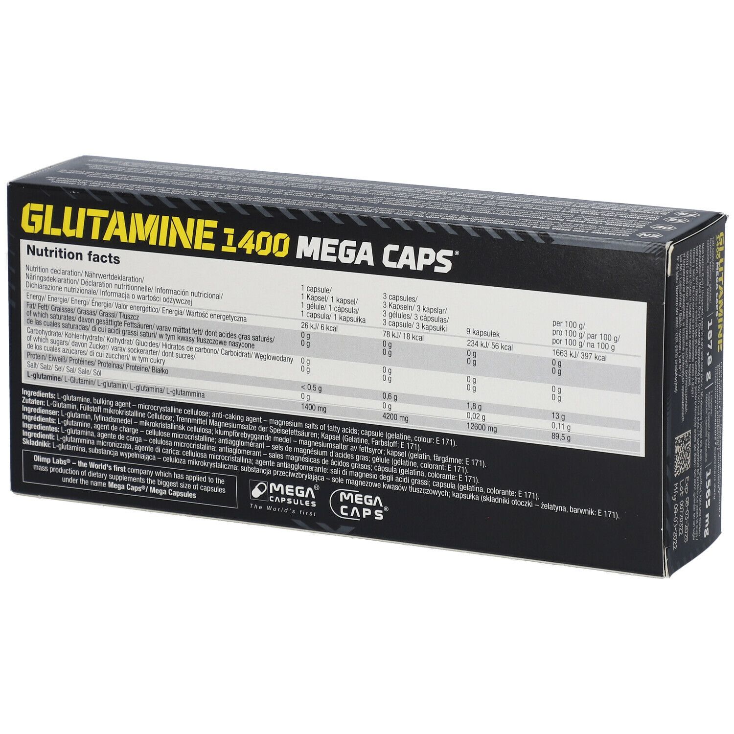 Rückseite der schwarzen Schachtel mit gelbem Text. Aufschrift: GLUTAMINE 1400 MEGA CAPS. Enthält Nährwertangaben.