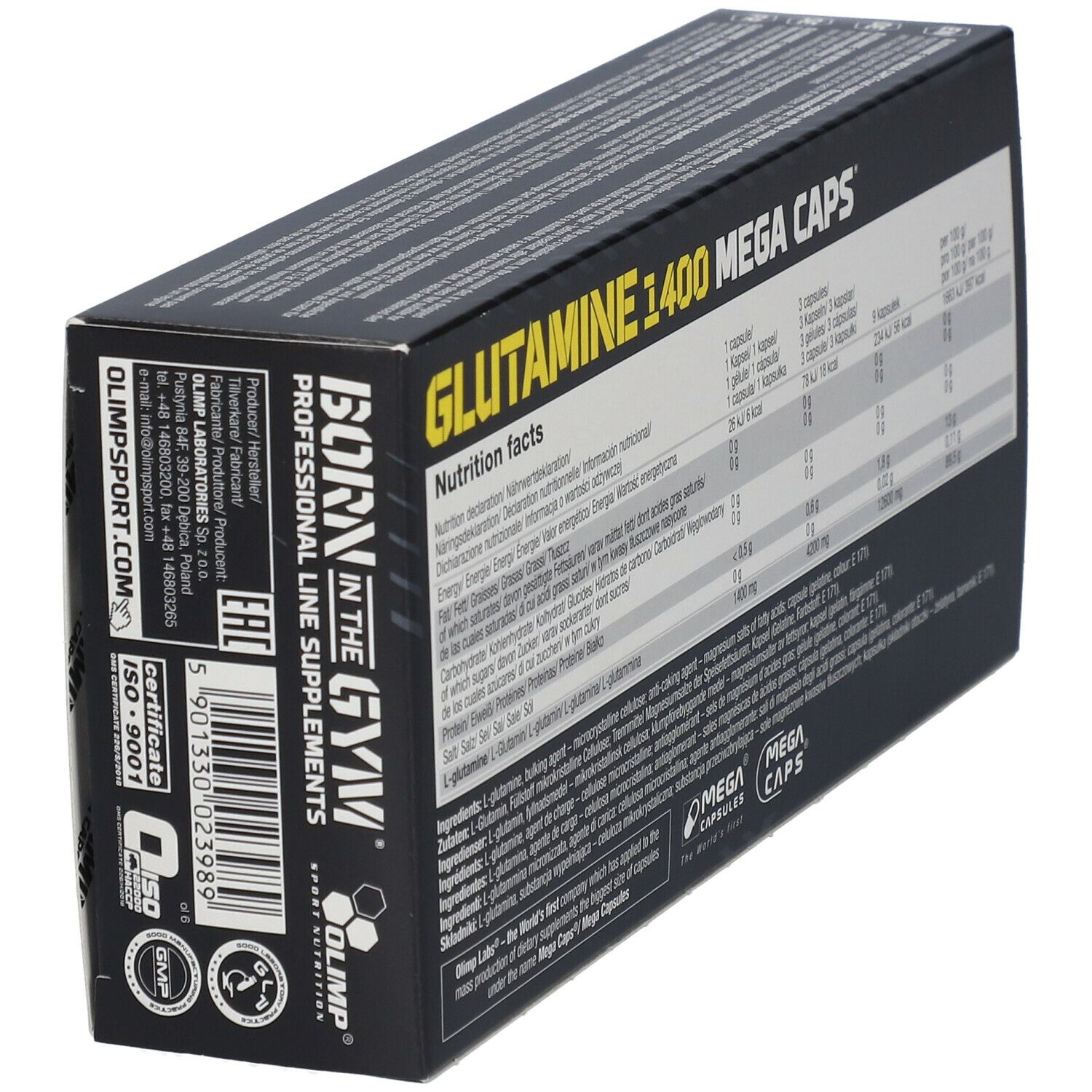 Schwarze Schachtel mit gelbem Text. Aufschrift: GLUTAMINE 1400 MEGA CAPS. Enthält Nährwertangaben und Zertifizierungen.