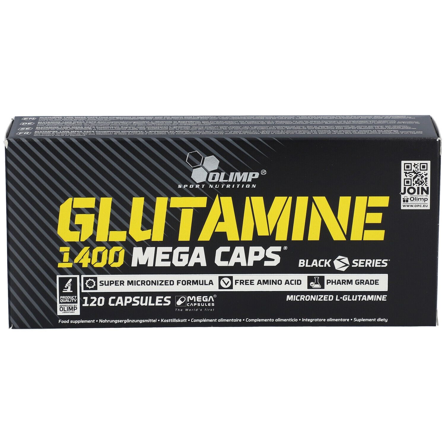 Schwarze Schachtel mit gelbem Text. Aufschrift: GLUTAMINE 1400 MEGA CAPS, 120 Kapseln. Marke: OLIMP.