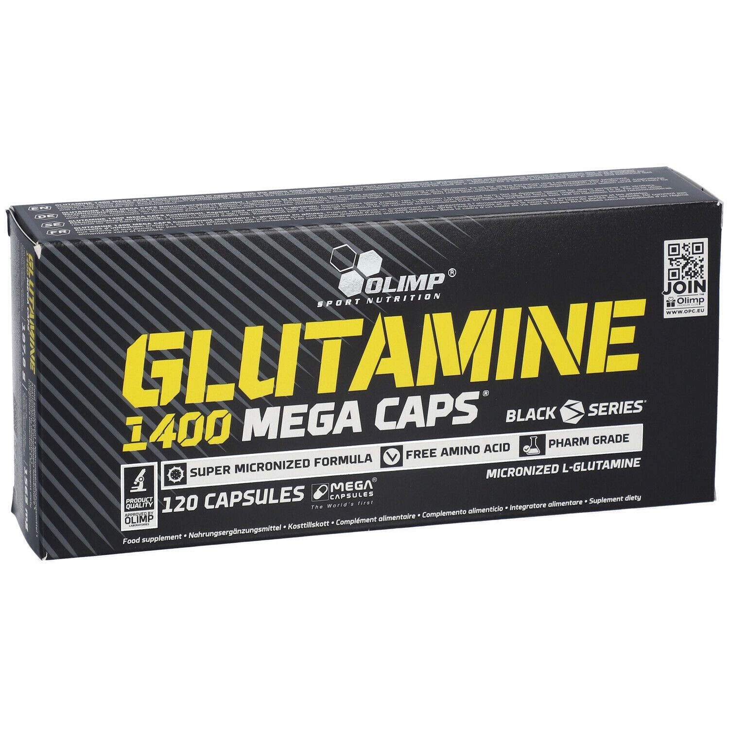 Schwarze Schachtel mit gelbem Text. Aufschrift: GLUTAMINE 1400 MEGA CAPS, 120 Kapseln. Marke: OLIMP.