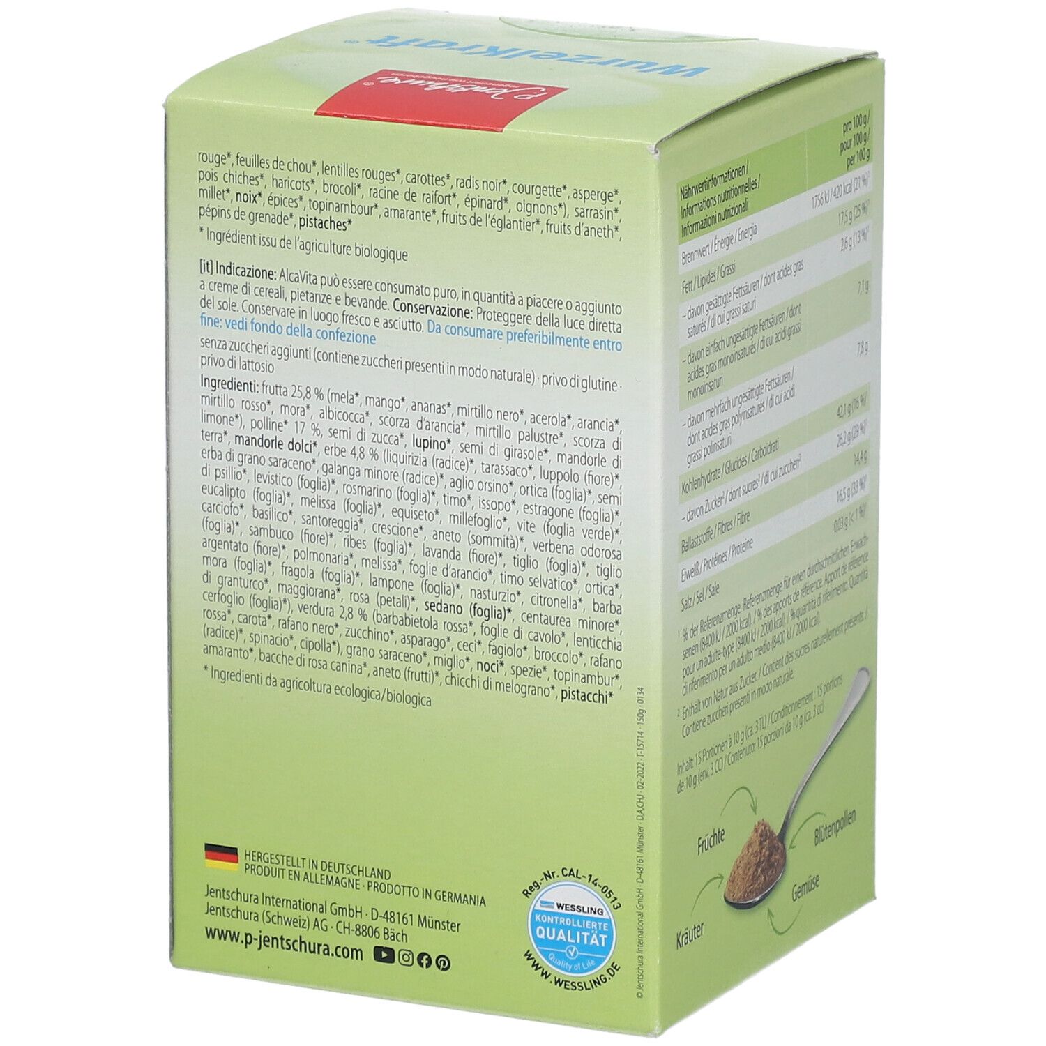 Rückseite der grünen WurzelKraft-Verpackung. Zutatenliste und Logo. Hergestellt in Deutschland. Bio-Qualitätssiegel.