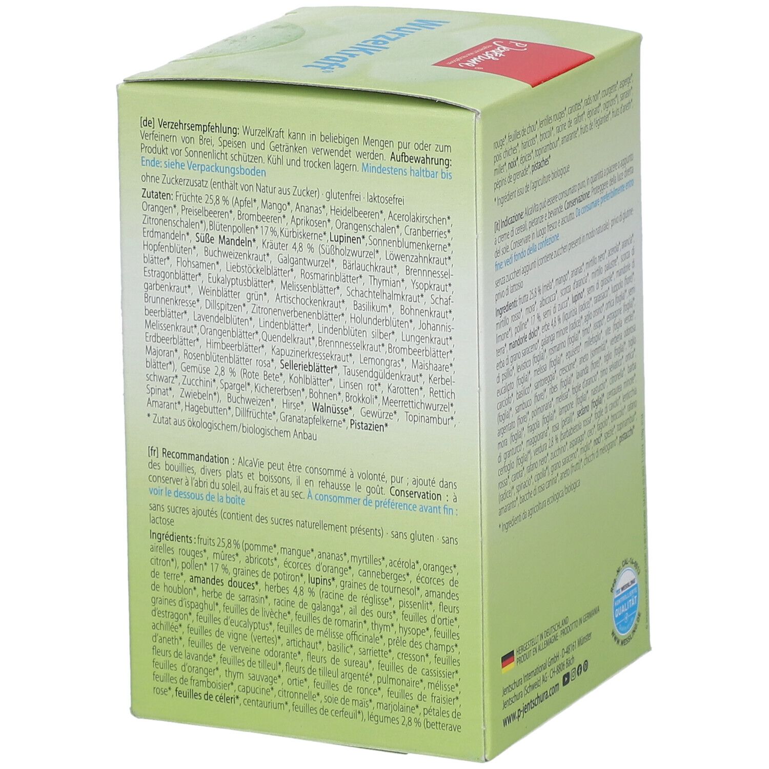Grüne WurzelKraft-Verpackung. Text über die Verwendung und Zutaten. Bio-Siegel. Hergestellt in Deutschland.