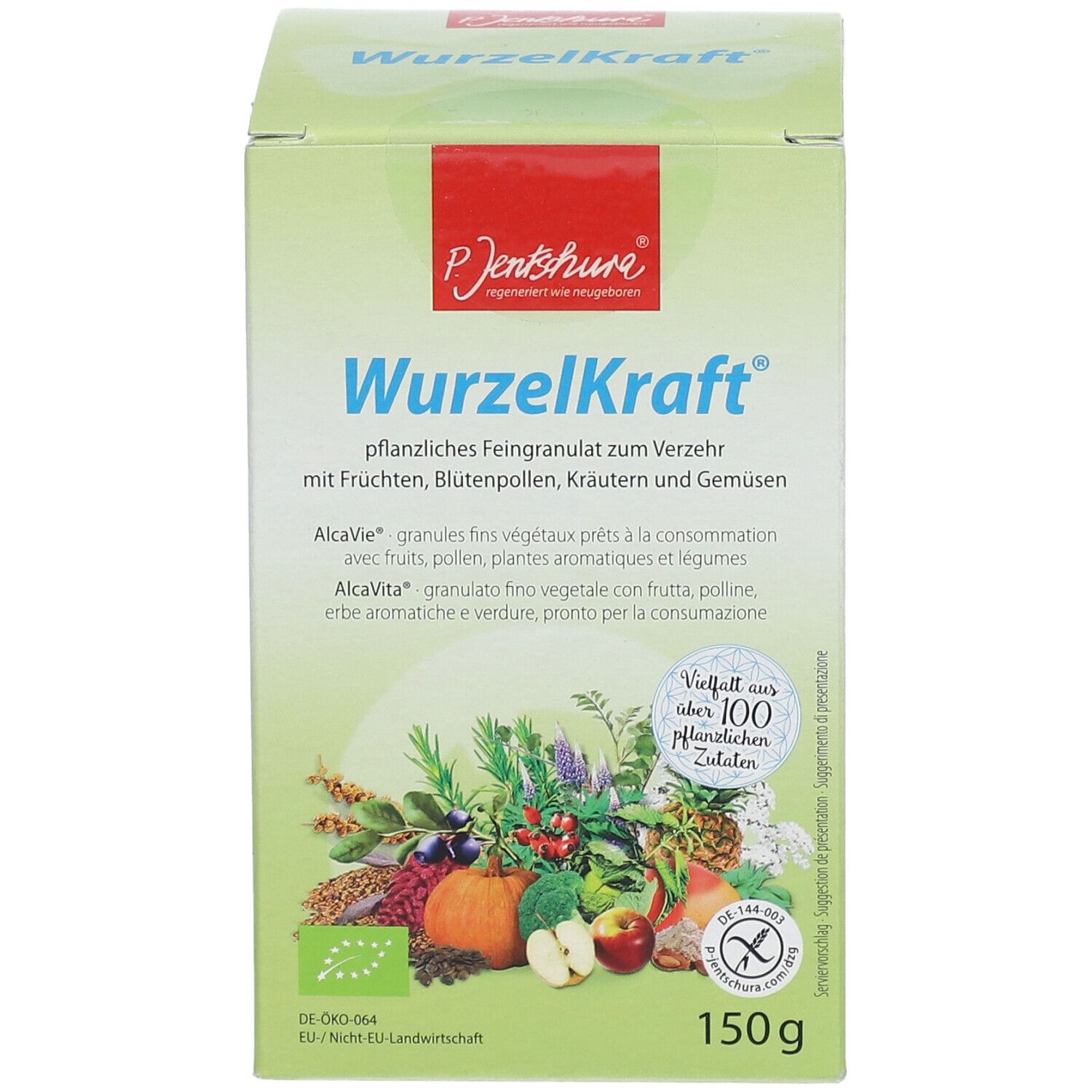 Grüne Schachtel mit WurzelKraft. Aufdruck mit Produktnamen, Zutaten und Logo. Unten rechts: 150g. Bio-Siegel.