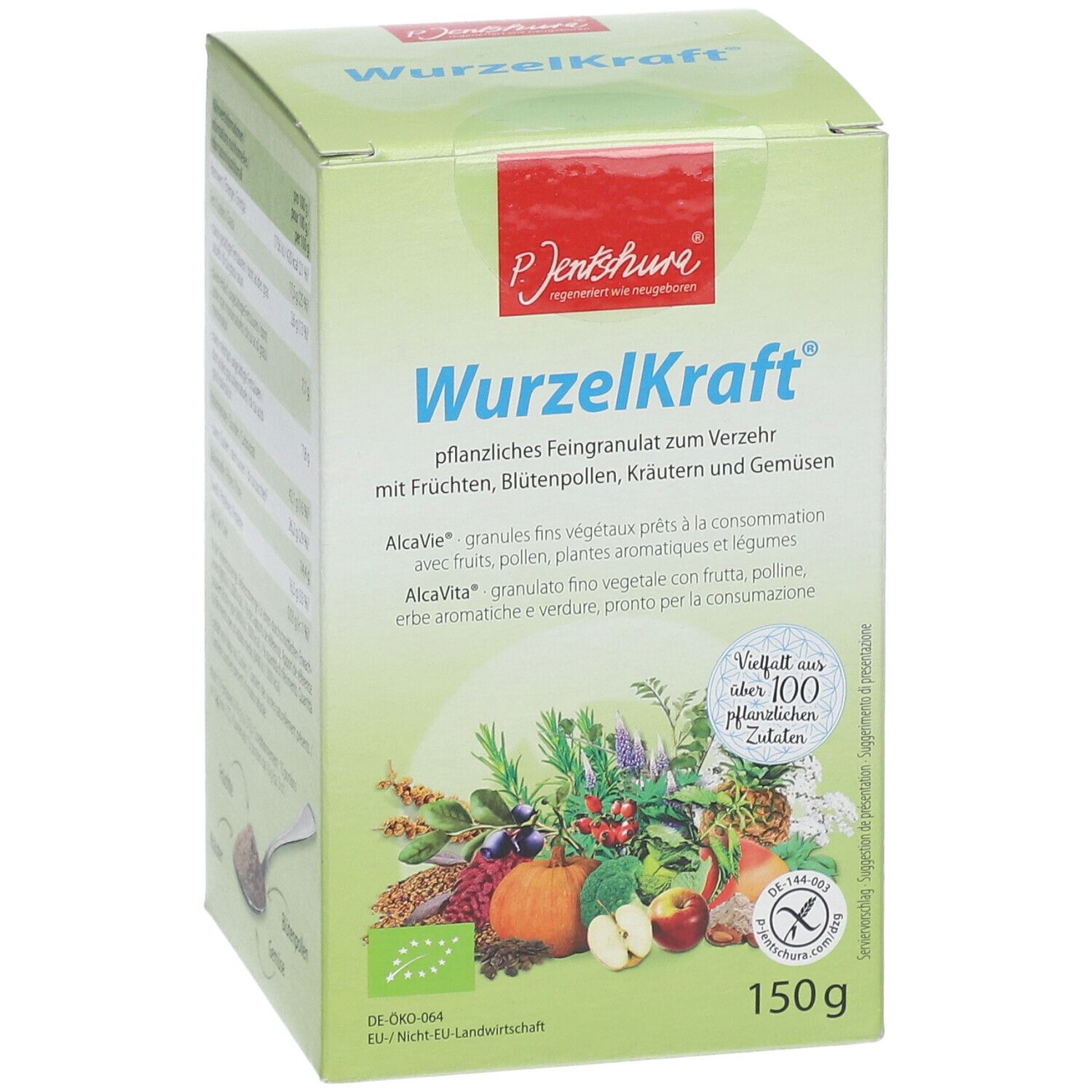 Grüne Schachtel mit WurzelKraft. Aufdruck mit Produktnamen, Zutaten und Logo. Unten rechts: 150g. Bio-Siegel.