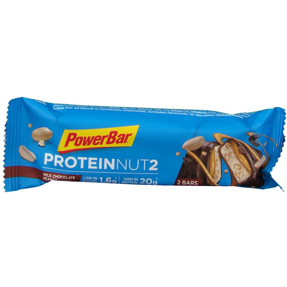 PowerBar Protein Nut2 Riegel, Milchschokolade Erdnuss. Blaue Verpackung, Produktansicht. 2 Riegel.