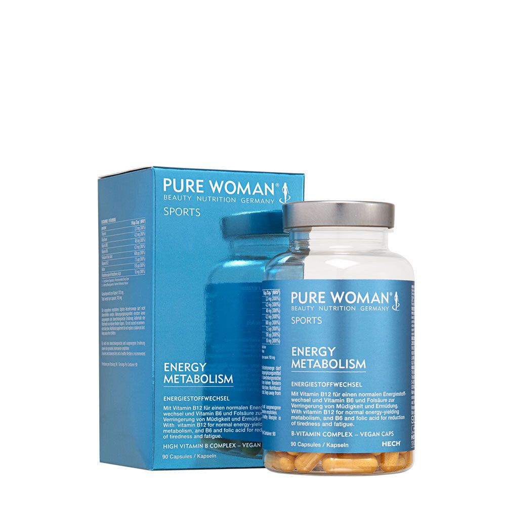 PURE WOMAN® ENERGY METABOLISM. Kapseln und Schachtel. Blaue Verpackung mit Produktinformationen. Vegan.