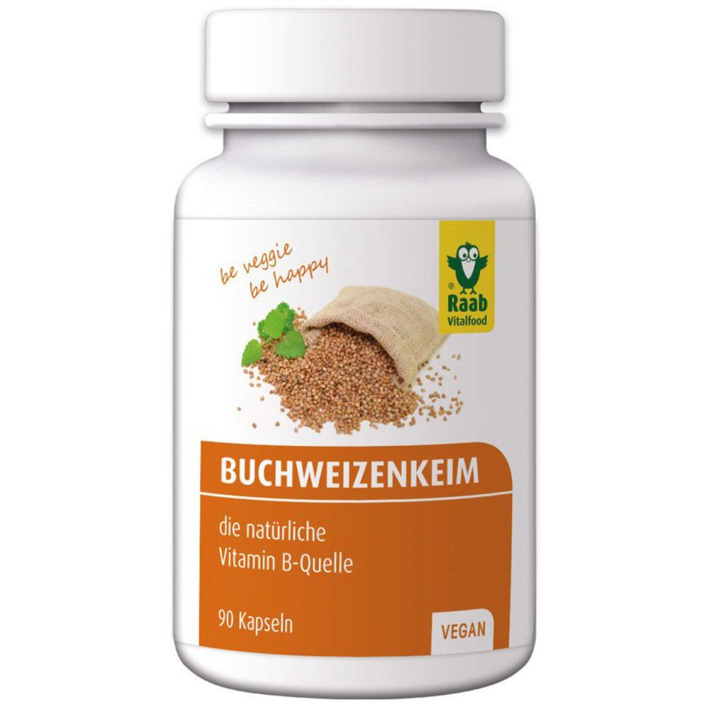 Weiße Flasche mit Kapseln. Aufschrift: Buchweizenkeim, Vitamin B-Quelle, 90 Kapseln, Vegan. Logo: Raab Vitalfood.