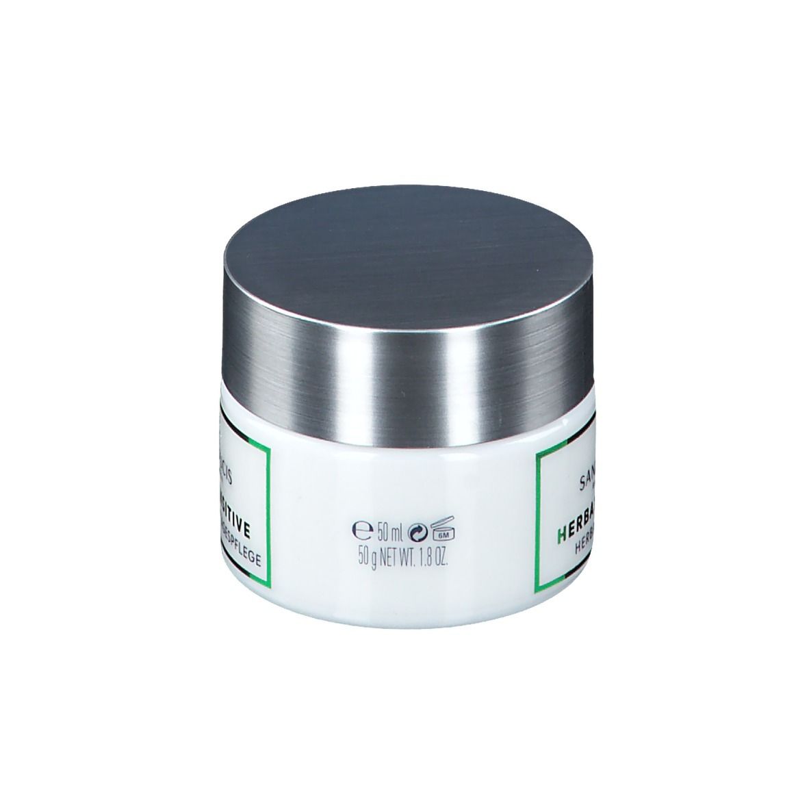 Weißes Tiegel mit silbernem Deckel. Aufkleber mit grüner Umrandung und Schriftzug. Auf der Rückseite: e 50 ml 50 g NET WT. 1.8 oz.