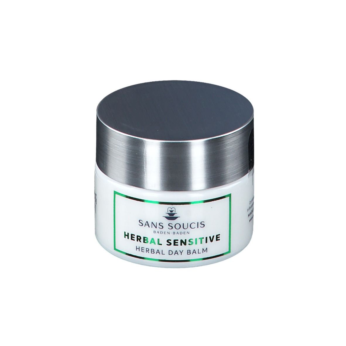 Weißes Tiegel mit silbernem Deckel. Aufkleber mit grüner Umrandung und Schriftzug: HERBAL SENSITIVE HERBAL DAY BALM.