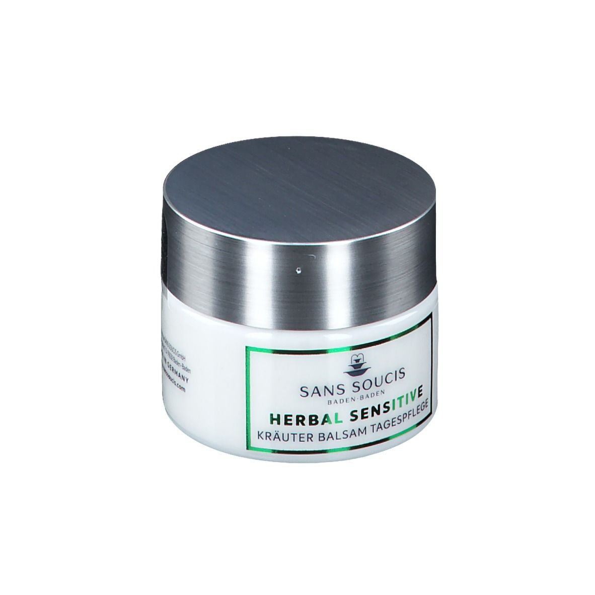 Weißes Tiegel mit silbernem Deckel. Aufkleber mit grüner Umrandung und Schriftzug: HERBAL SENSITIVE KRÄUTER BALSAM TAGESPFLEGE.