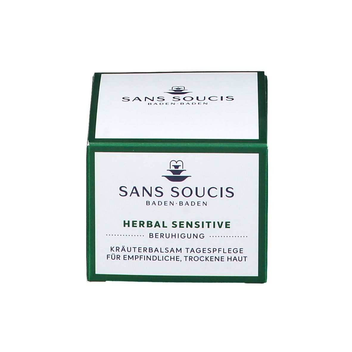Grüne Verpackung mit Schriftzug: HERBAL SENSITIVE KRÄUTERBALSAM TAGESPFLEGE FÜR EMPFINDLICHE, TROCKENE HAUT.