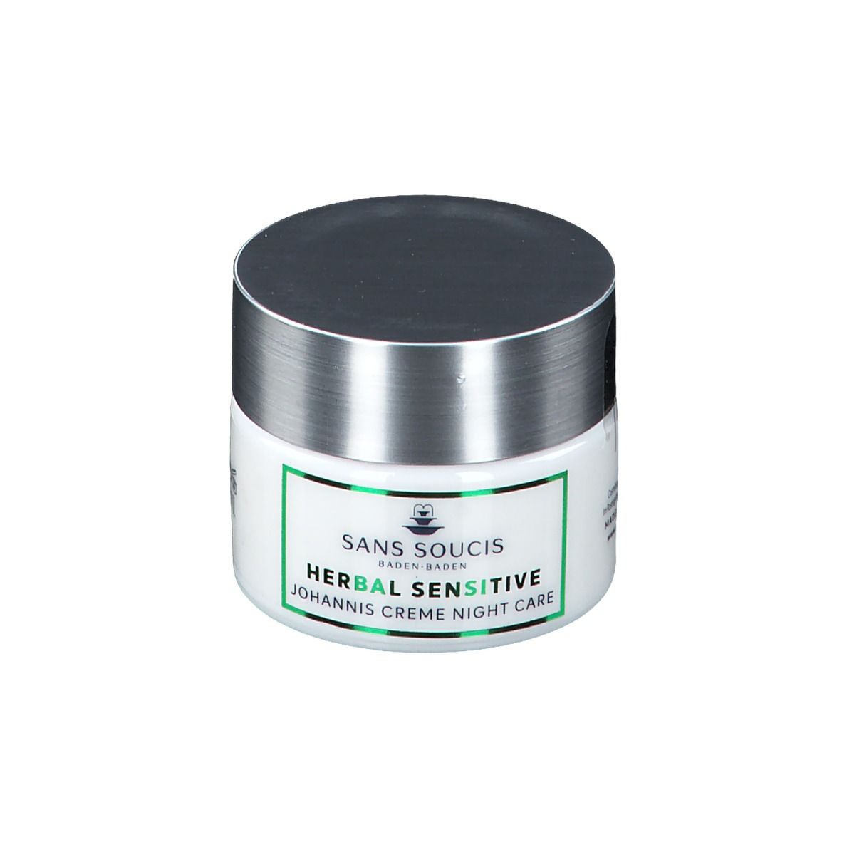 Weißes Tiegel mit silbernem Deckel. Grün umrandetes Etikett mit Text: HERBAL SENSITIVE Johannis Creme Night Care.