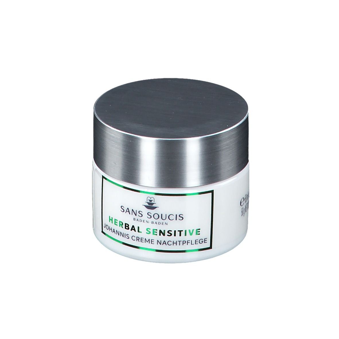 Weißes Tiegel mit silbernem Deckel. Grün umrandetes Etikett mit Text: HERBAL SENSITIVE Johannis Creme Nachtpflege.