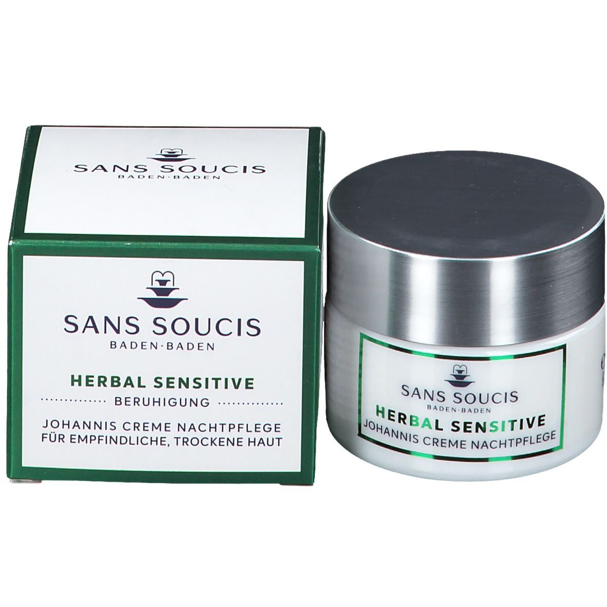 Produkt und Verpackung. Weißes Tiegel mit silbernem Deckel. Grün umrandete Verpackung mit Text: HERBAL SENSITIVE Beruhigung.