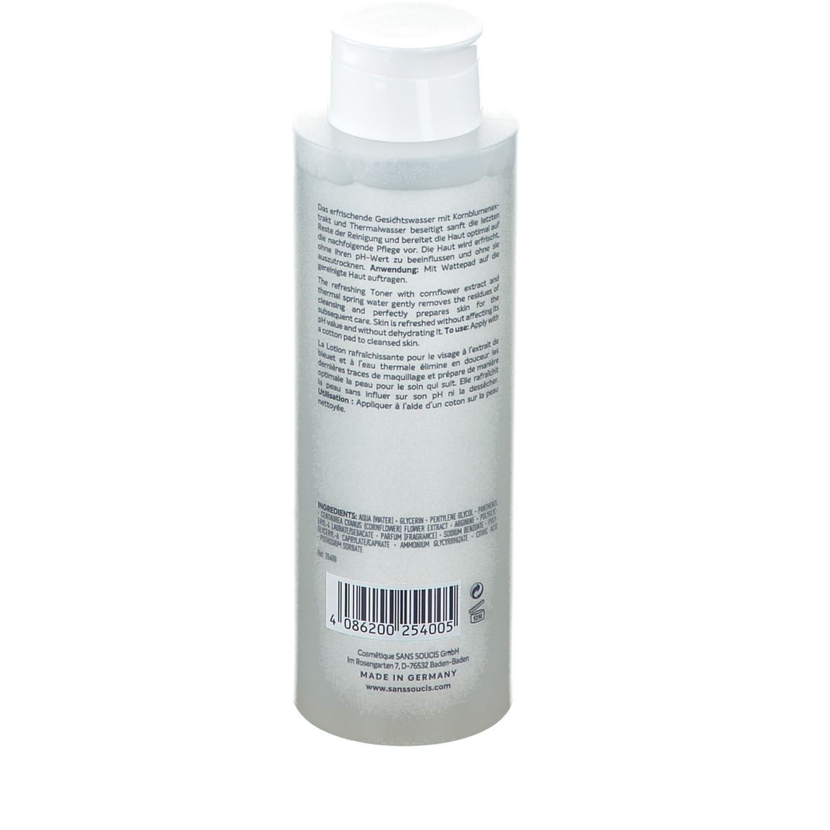 Rückseite der Flasche. Text in deutscher und englischer Sprache. Barcode und Herstellerinformationen. Made in Germany.