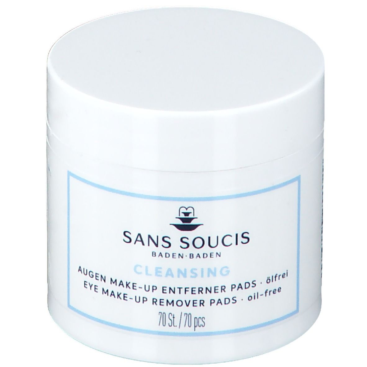 Weißer Tiegel mit blauem Etikett. Aufschrift: SANS SOUCIS, CLEANSING, Augen Make-up Entferner Pads, ölfrei. 70 Stück.