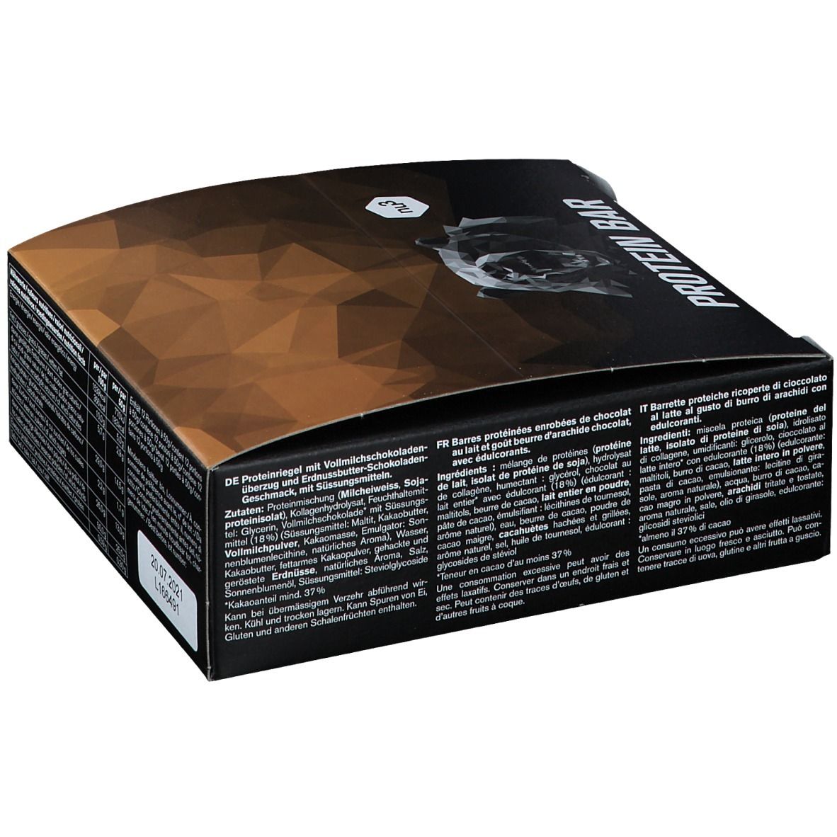 Verpackung mit Texten in verschiedenen Sprachen. Enthält Informationen zu Inhaltsstoffen. Marke: nu3. Aufdruck: "PROTEIN BAR".