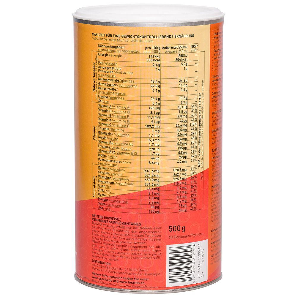 Dos de la boîte BEAVITA Vitalkost Plus Tomatensuppe. Contient des informations nutritionnelles et une liste d'ingrédients en plusieurs langues.