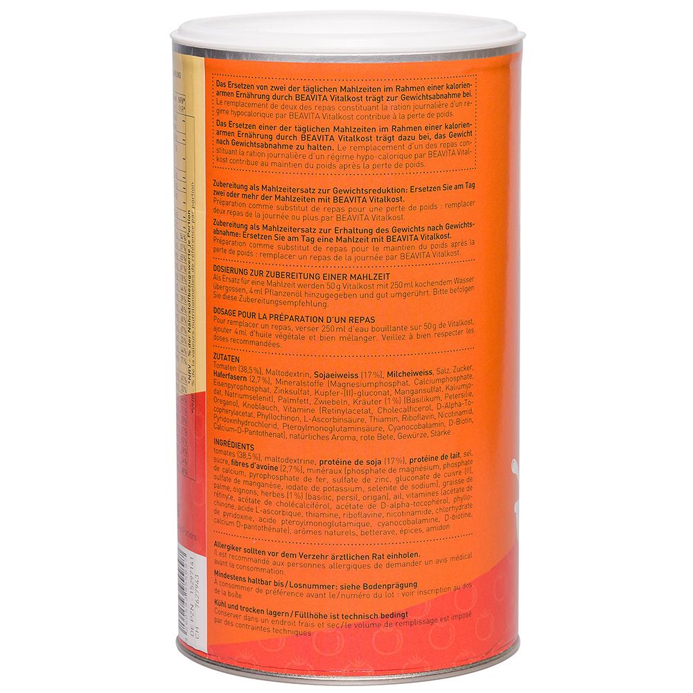 Dos de la boîte BEAVITA Vitalkost Plus Tomatensuppe. Texte sur la préparation et l'utilisation du produit.
