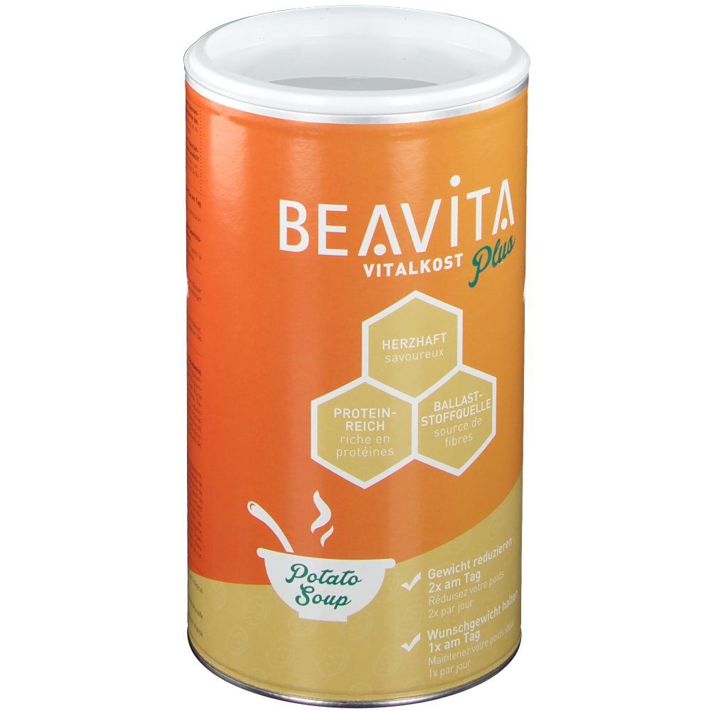 Boîte cylindrique BEAVITA Vitalkost Plus. Fond orange avec informations et logo. Illustration de soupe de pommes de terre.