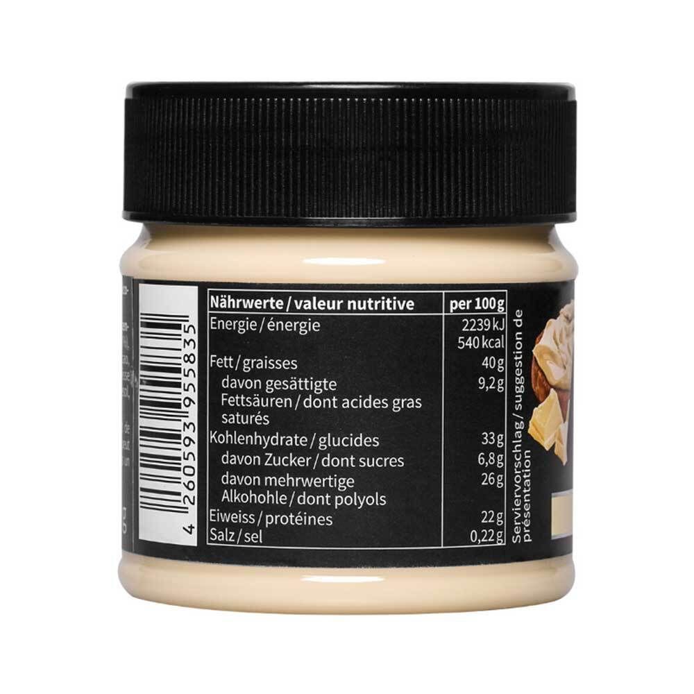 Dos de la crème protéinée nu3 Fit, White-Choc. Tableau nutritionnel en allemand et français. Code-barres et informations.