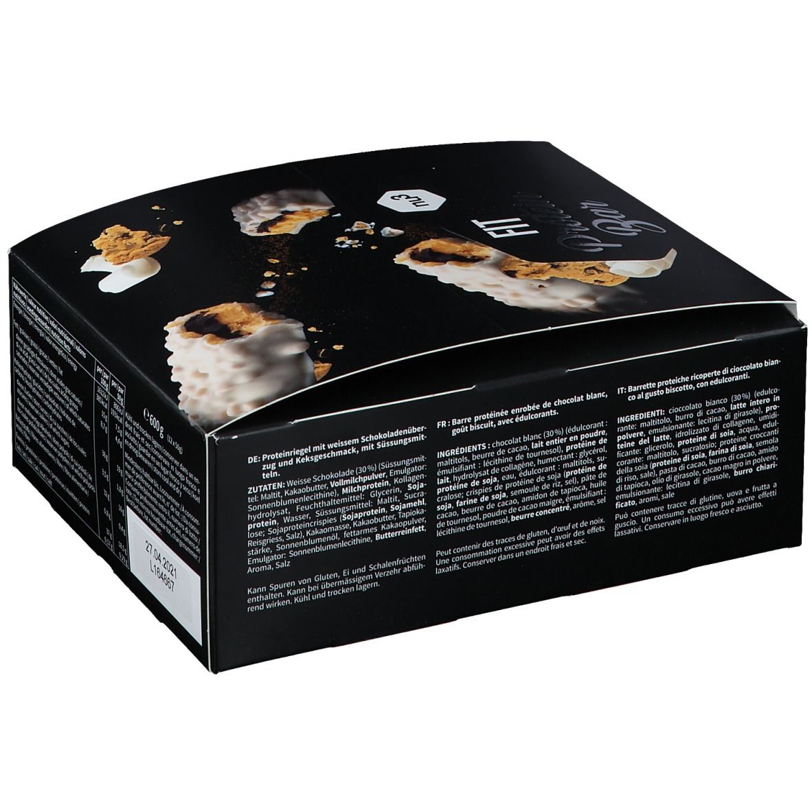 Schwarze Verpackung mit Text und Produktabbildungen. Enthält Zutatenlisten in verschiedenen Sprachen. "FIT Protein Bar"-Logo sichtbar.