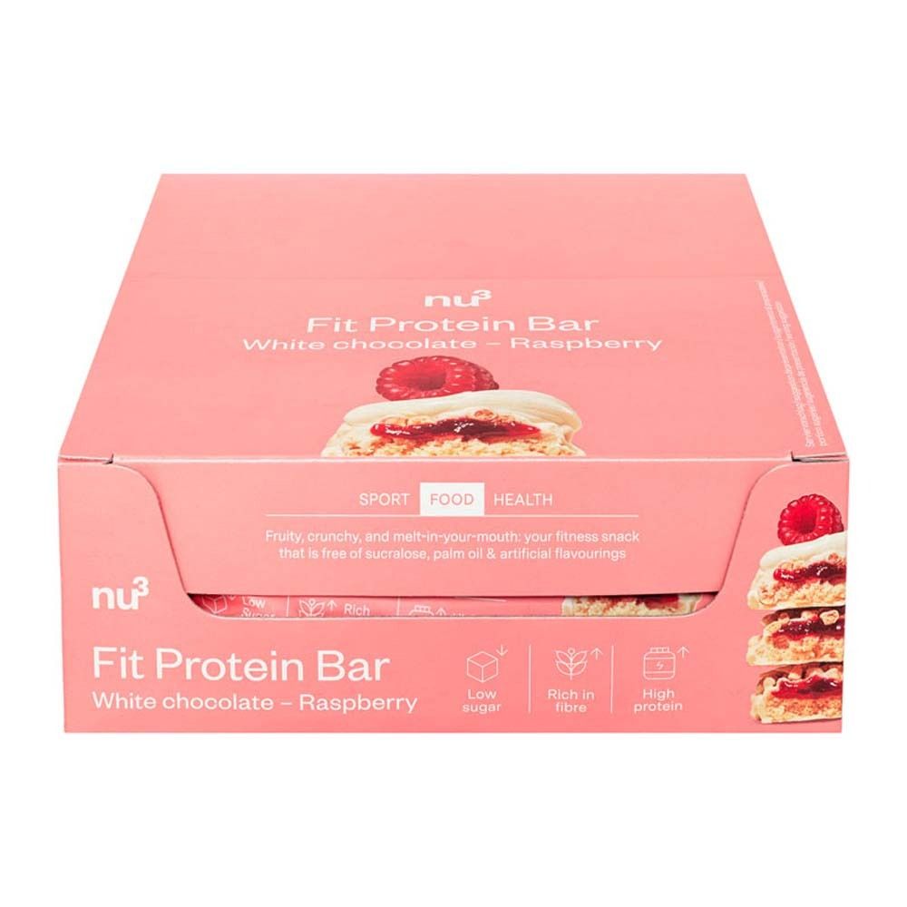 Geschlossene rosa Verpackung mit nu3 Fit Protein Bar. Aufdruck: White chocolate - Raspberry. Logo, Icons.