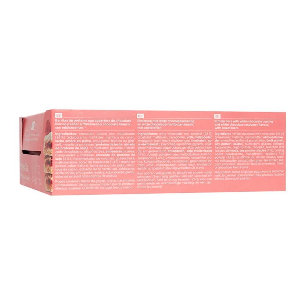 Rückseite der rosa Verpackung mit Text. Inhaltsstoffe, Nährwertangaben, Text in Deutsch, Englisch und Französisch.