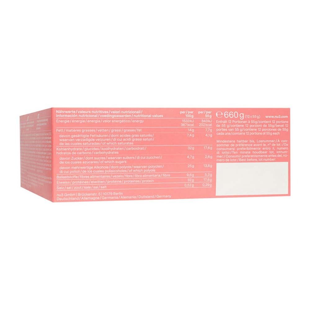 Rückseite der rosa Verpackung mit Text. Nährwertangaben, Text in Deutsch, Englisch und Französisch.