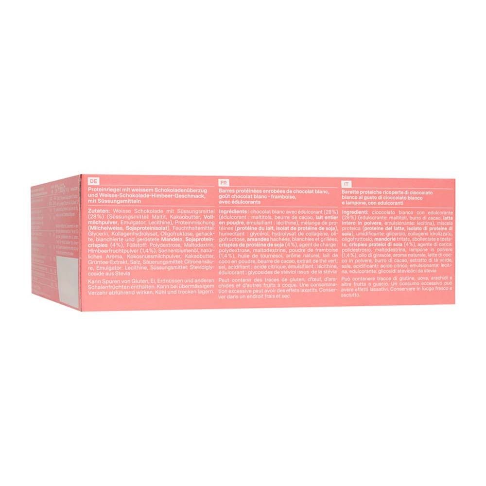 Rückseite der rosa Verpackung mit Text. Text in Deutsch, Englisch und Französisch.