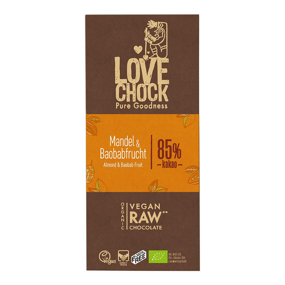 Lovechock Bio rohe Schokolade, Mandel-Baobab 8x70 g Schokolade