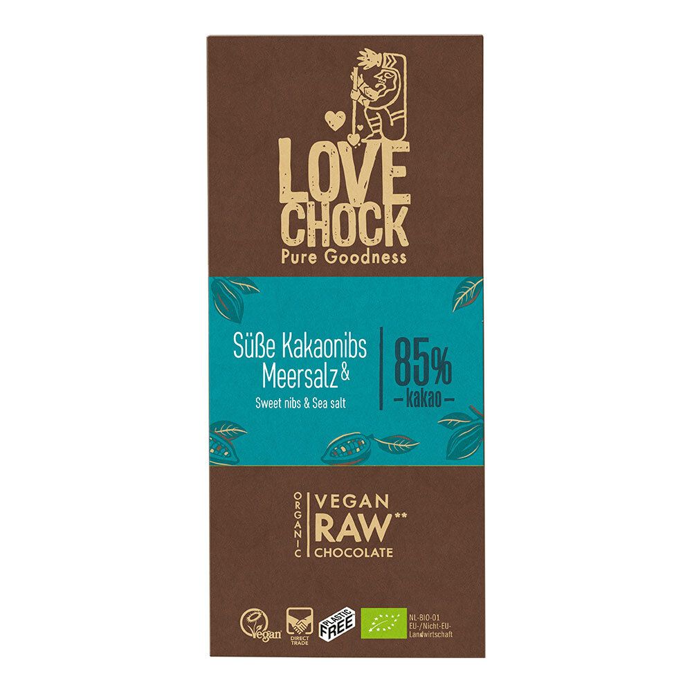 Lovechock Bio rohe Schokolade, Süße Kakaonibs-Meersalz 8x70 g Schokolade