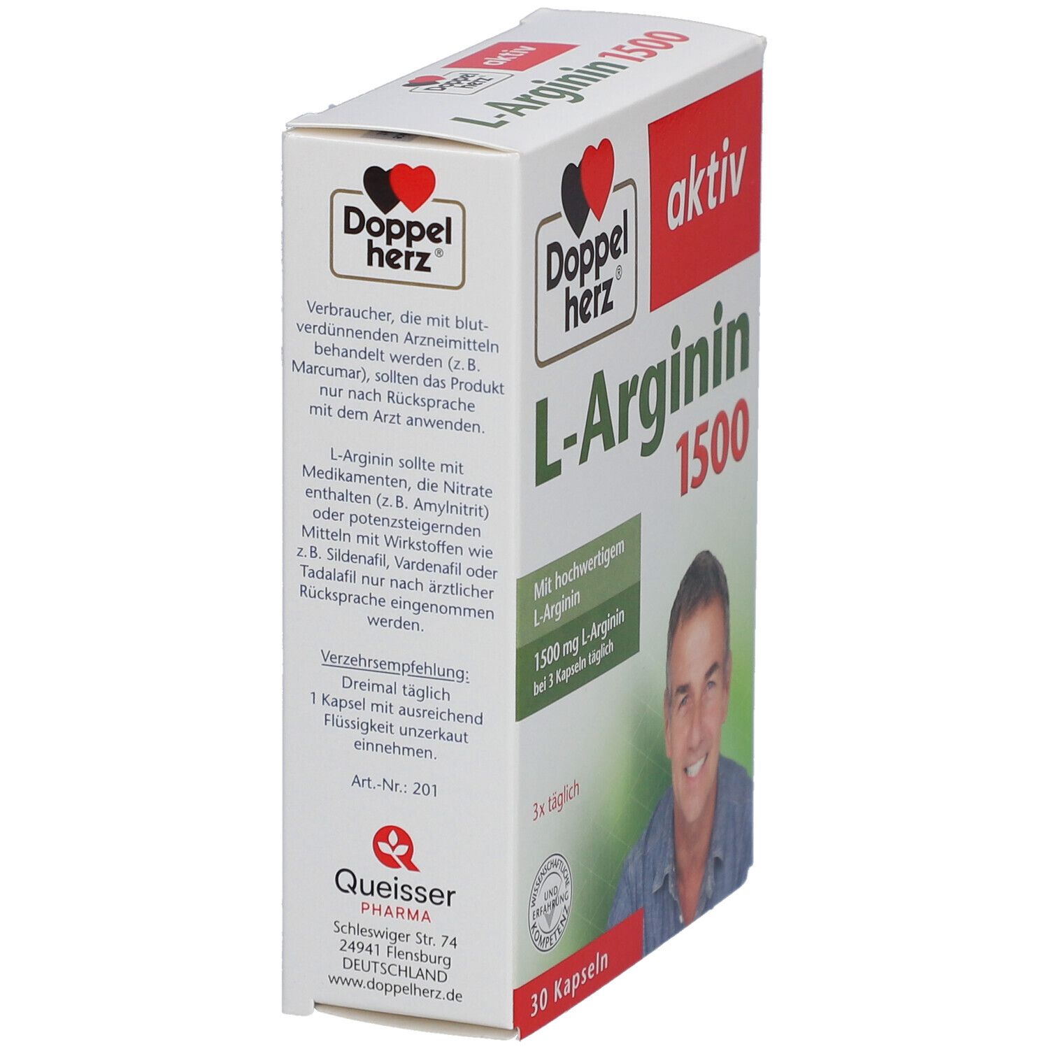 Schrägansicht der Verpackung von Doppelherz aktiv L-Arginin 1500. Aufdruck: L-Arginin 1500, aktiv, 30 Kapseln. Hersteller: Queisser Pharma.