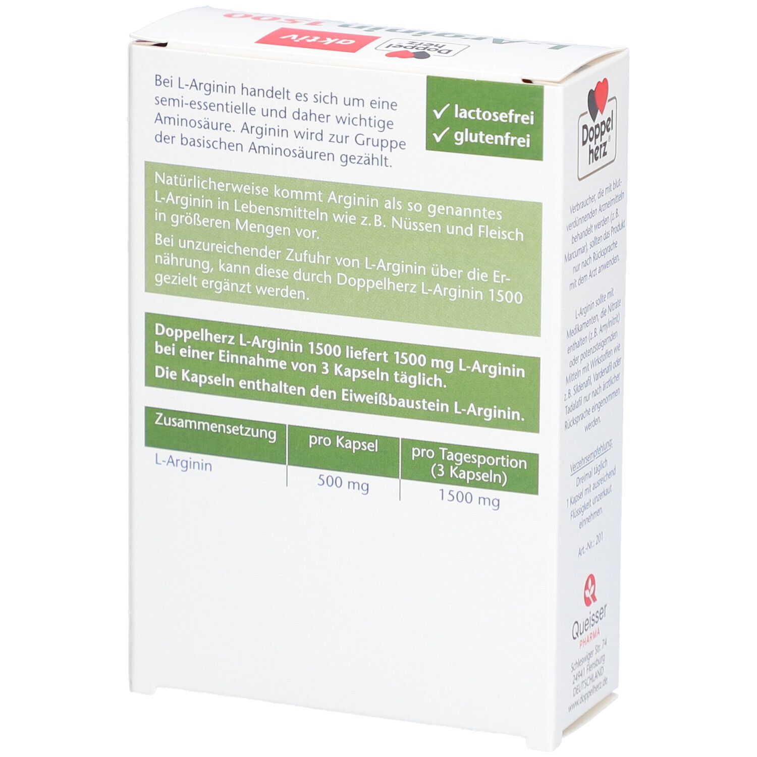 Rückseite der Verpackung von Doppelherz aktiv L-Arginin 1500. Text: Zusammensetzung, pro Kapsel, pro Tagesportion (3 Kapseln). Frei von Laktose und Gluten.