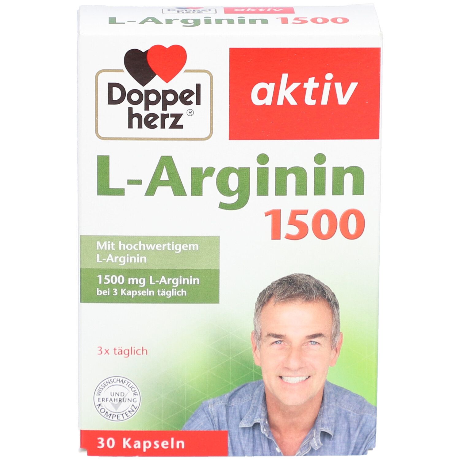 Vorderansicht der Verpackung von Doppelherz aktiv L-Arginin 1500. Aufdruck: L-Arginin 1500, aktiv, 1500 mg L-Arginin bei 3 Kapseln täglich.