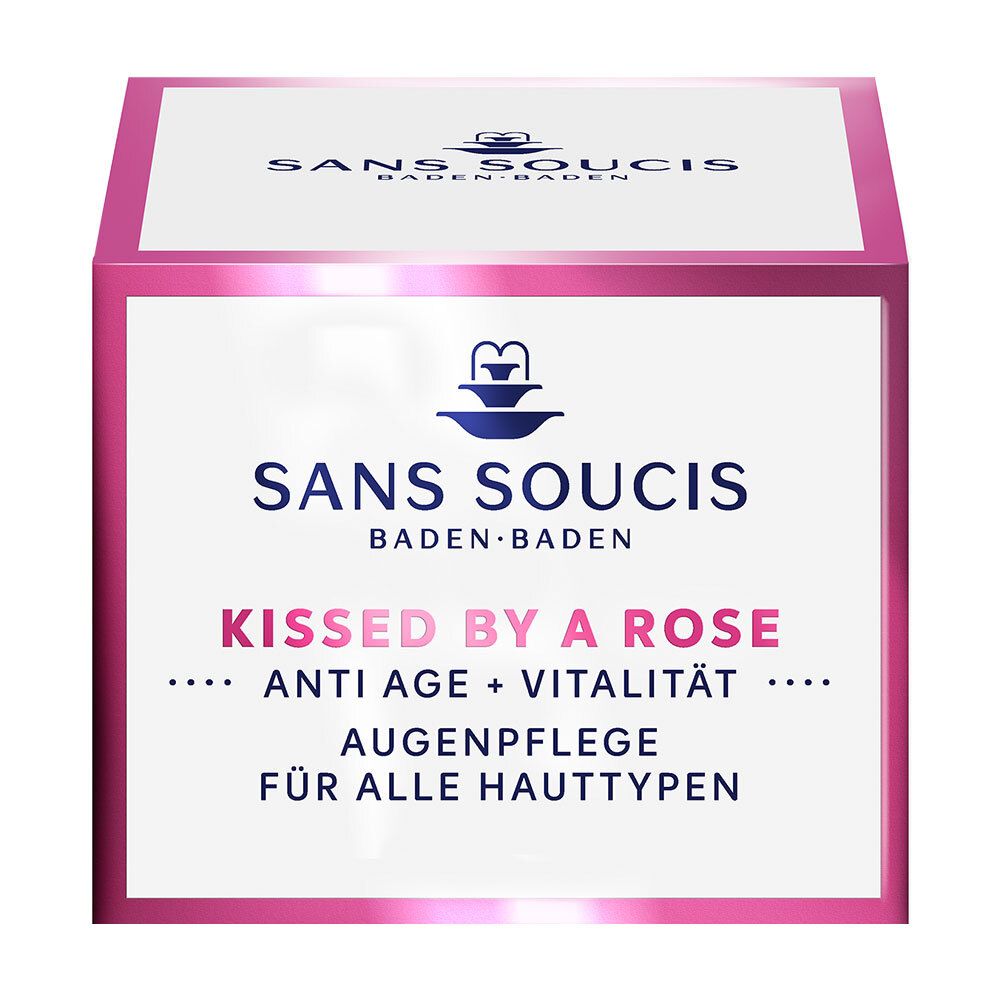 Rosa Verpackung mit weißer Schrift. Aufschrift: SANS SOUCIS, KISSSED BY A ROSE, Anti Age + Vitalität, Augenpflege.