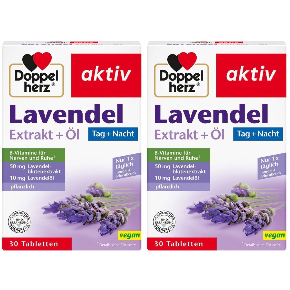 Zwei Packungen Doppelherz Lavendel Extrakt + Öl. Weiße Verpackung mit lila Lavendelblüten. Enthält 30 Tabletten, vegan.
