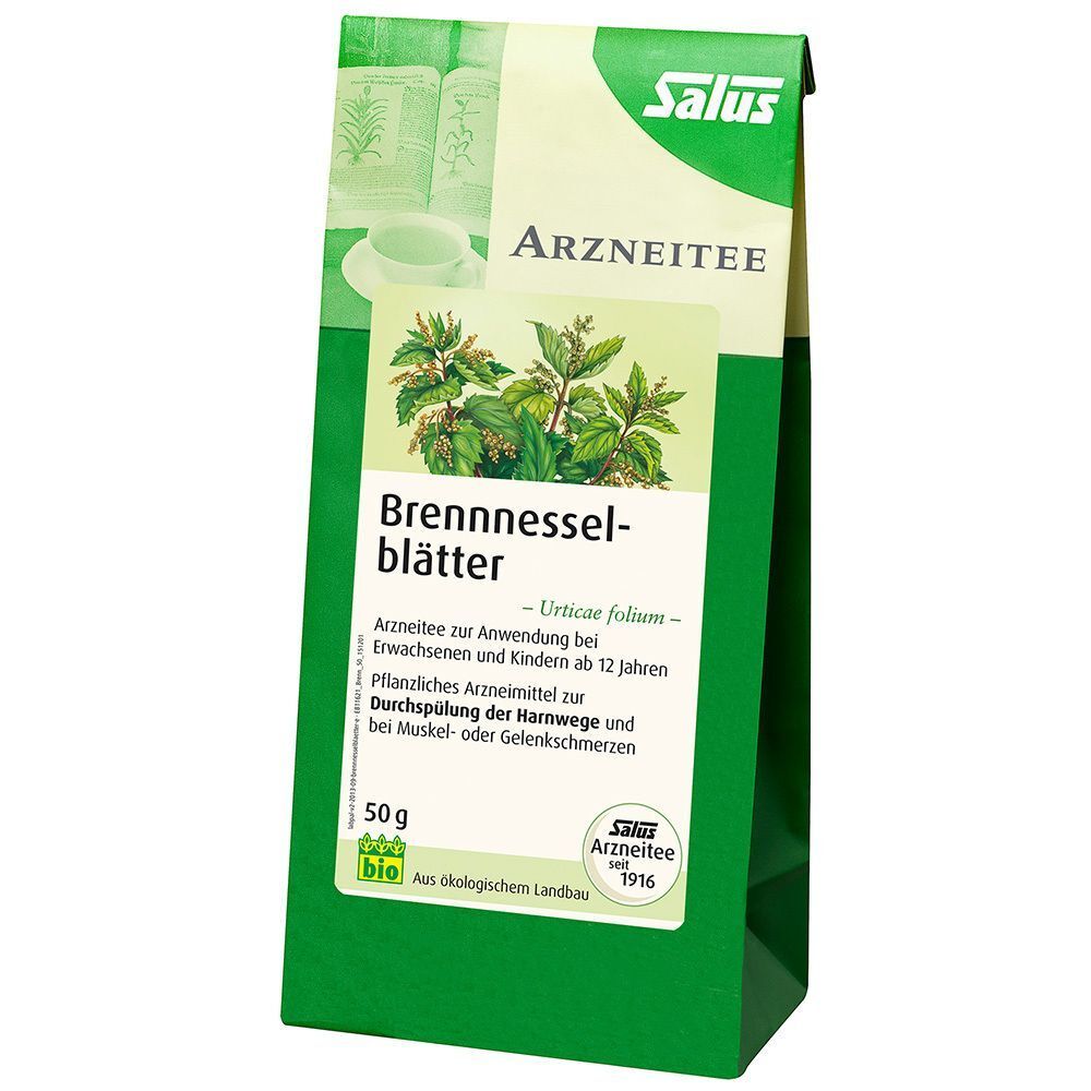 Eine Packung Salus Brennnesselblätter Arzneitee mit Kräuterdarstellung und Bio-Siegel.